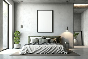 Concrete bedroom with empty frame. Mockup,. Generative AI