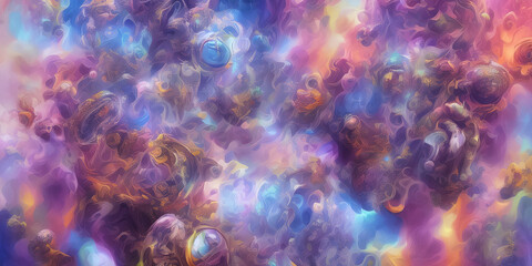 Large panoramic view of a colorful explosion in the universe, abstract background texture, generative ai