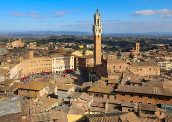 Fototapeta premium Top view of Siena in ITALY with the Tower called DEL MANGIA and the Palio square