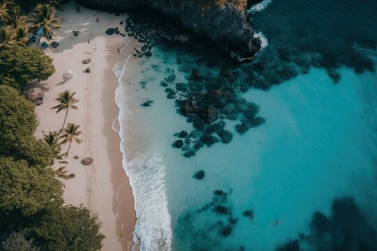 Drone shot of a beautiful blue beach, generative AI