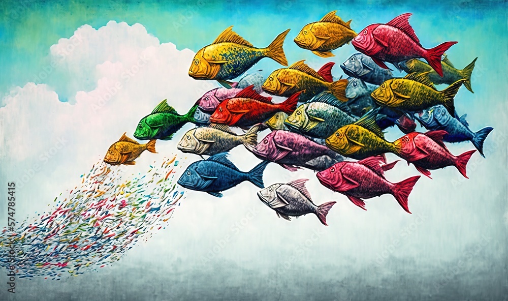 Poster  a painting of a group of fish flying in the air with a rainbow colored background and a blue sky with clouds behind them and a line of smaller fish floating in the air.  generative ai