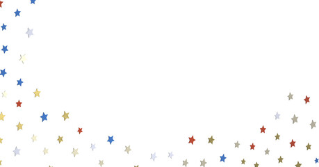 Red white blue shiny confetti stars on white background, isolate, tricolor concept,