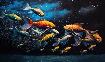  a painting of a group of fish swimming in the water with a dark background and stars in the sky above it, with a few fish swimming in the water.  generative ai