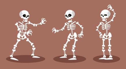 Vector illustration of cute skeletons on a brown background. Charming characters in different poses with skulls and bones walk, sing, and stand in cartoon style. Skeleton characters for Halloween.