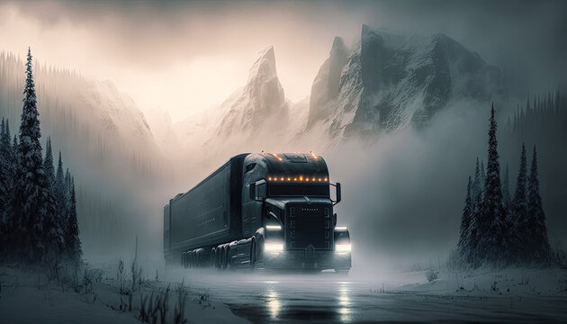 Heavy truck in a remote area. 18 wheeler offroad during the winter. Generative AI