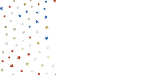 Red white blue shiny confetti stars on white background, isolate, tricolor concept,