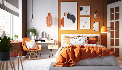 Orange modern home interior bedroom with painting, Scandinavian style, generative ai