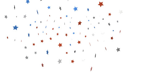Red white blue shiny confetti stars on white background, isolate, tricolor concept,