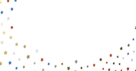 Red white blue shiny confetti stars on white background, isolate, tricolor concept,