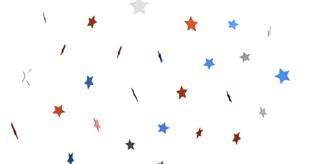 Red white blue shiny confetti stars on white background, isolate, tricolor concept,