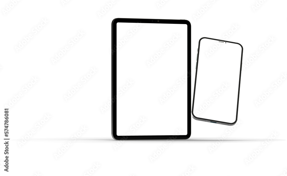 Poster modern tablet computer stand with blank screen isolated on white background