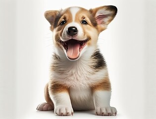 Obraz premium Portrait of happy and smiling cute corgi puppy dog on white background. Generative AI.
