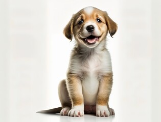 Portrait of happy and smiling cute puppy dog isolated on white background. Generative AI.