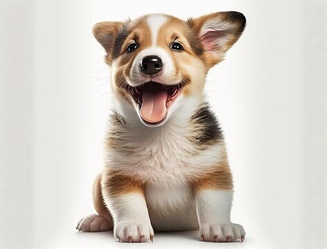 Portrait of happy and smiling cute corgi puppy dog on white background. Generative AI.