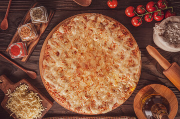 Pizza with mozzarella, catupiry and oregano (Pizza de catupiry) - Top view.