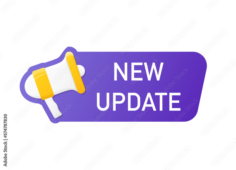 Poster new update banner with megaphone. new update available notification. reminder for new update for sys