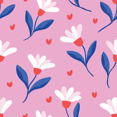 Fototapeta na wymiar Floral graphic vector illustration. Trendy seamless pattern with hand drawn flowers. Modern repeatable background.