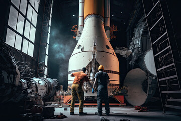 Generative AI Illustration of two engineers working on the construction of a space rocket - obrazy, fototapety, plakaty