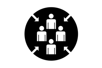 Meeting point symbol vector icon on a white background. Illustration of a group of people in a circle with arrows pointing through centre. Place for meetings.