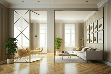 Two banners in light beige living room with partition wall, sideboard, and panoramic windows. Parquet. Modern house concept. Generative AI