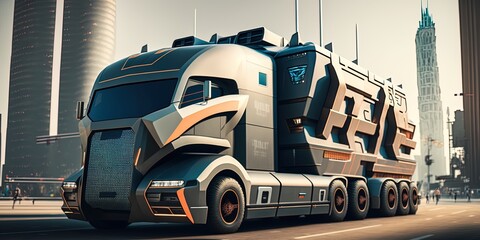 beautiful futuristic truck in the city in the background, generative ai