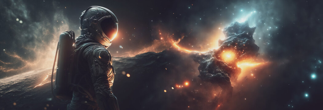 spaceman, astronaute or cosmonaute in space with stars. Generative AI
