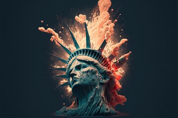 Exploding and melting Statue of Liberty head portrait. Low angle view. Isolated.