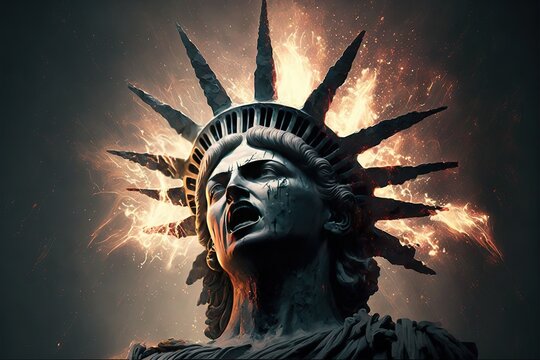 Statue of Liberty head burning and screaming. Low angle view. Isolated.