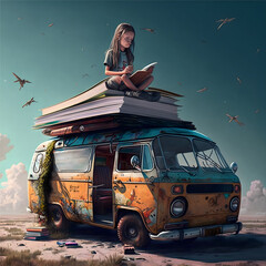 Girl reading on top of a kombi - Artificial intelligence