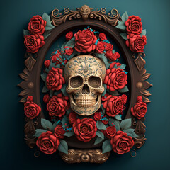 Mexican style sugar skull and red roses.Generative AI