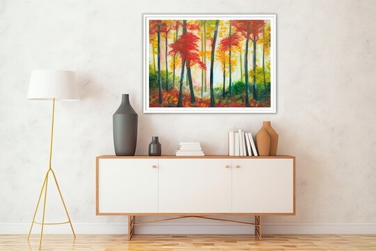 An fall forest depicted in gentle hue. Autumn landscape with yellow and red leaves is a simplified version of a real world scene. Painting a pastel landscape with watercolor. The latest in contemporar