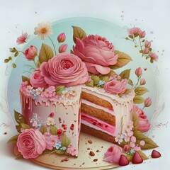 illustration of a spring cake. cake with flowers. cute cake spring cake holiday cake. happy birthday, greeting card. generated by AI