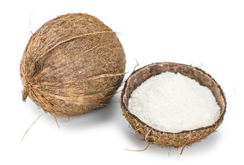 Coconut flour isolated on white background (selective focus; close-up shot)