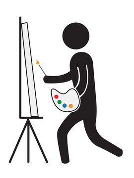 Artist painter with canvas, paintbrush and color palette pictogram vector icon isolated