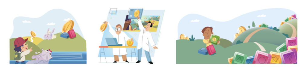 Play to earn, video games in which player can receive rewards with real value, blockchain projects. Cyber cartoon characters playing games to earn cryptocurrencies, trying to find money and power ups