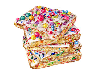 White chocolate rainbow sprinkles toffee bar watercolor illustration isolated on white background. Hand drawn homemade snack squares cookies for print, packaging design, menu, postcards