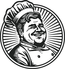 Hand drawn logo style smiling chef icon illustration. Vintage engraving style woodcut vector illustration Eps 10.