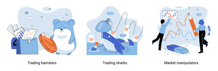 Shark emerges from water and holds gold coins on its nose. Trading hamsters and whale metaphor set. Fake data for business valuation. Inexperienced investor, bad investment, experienced traders