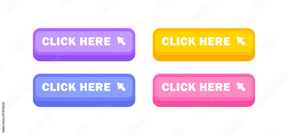 Poster click here button set with arrow pointer clicking. modern colorful 3d buttons for web and mobile app
