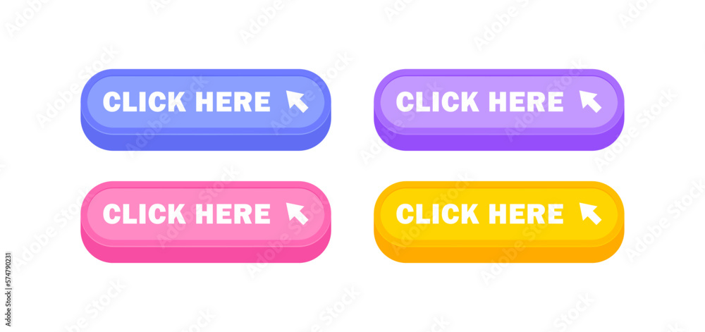 Poster click here button set with arrow pointer clicking. modern colorful 3d buttons for web and mobile app