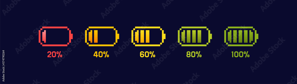 Poster battery charging process. different battery charge level. set of pixel battery charge level indicato
