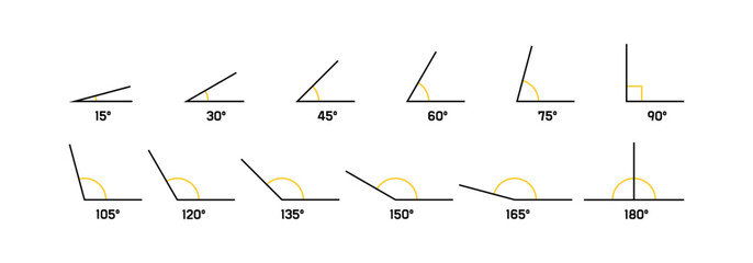 Angles set with different degrees. 15, 30, 45, 60, 75, 90, 105, 120, 135, 150, 165 and 180 degree. Geometric and mathematical symbol. Flat line art design. Vector illustration