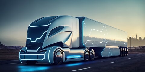beautiful futuristic highway truck in the background, generative ai