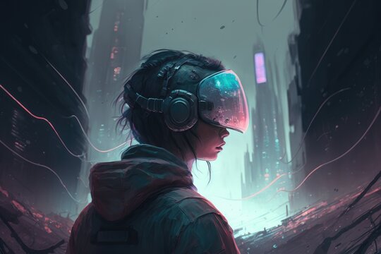 constantly being connected to a virtual reality network that provides access to limitless content digital art poster AI generation.