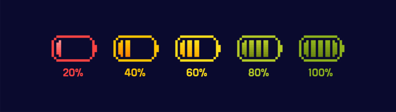 Battery charging process. Different Battery charge level. Set of pixel battery charge level indicators. 8-bit pixel art. Vector Illustration