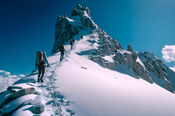 Group of mountain climbers climb the slope to the peak in sunny weather with sledges and tents equipment for overnight stays. Generative AI - obrazy, fototapety, plakaty