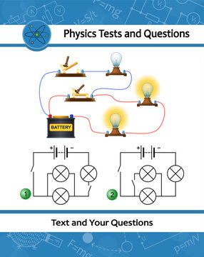 Physical experiment of studying laws of electricity. Ohm's law diagram. Electric current voltage resistance in an circuit. Parallel circuit consisting of connected lightbulbs, battery and switch.