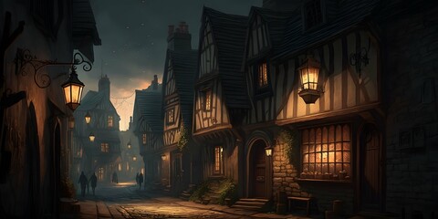 A dimly lit narrow medieval street landscape (Generative AI)