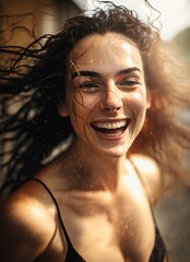 Portrait of Caucasian young woman model smiling. Fashion shoot concept. Generative AI.