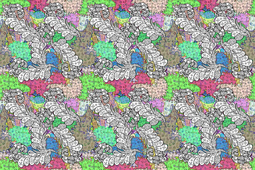 Seamless pattern with interesting doodles on colorfil background. Pano. Raster illustration.